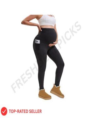Maternity Fleece Lined Leggings High Waist Yoga Pants with Pockets